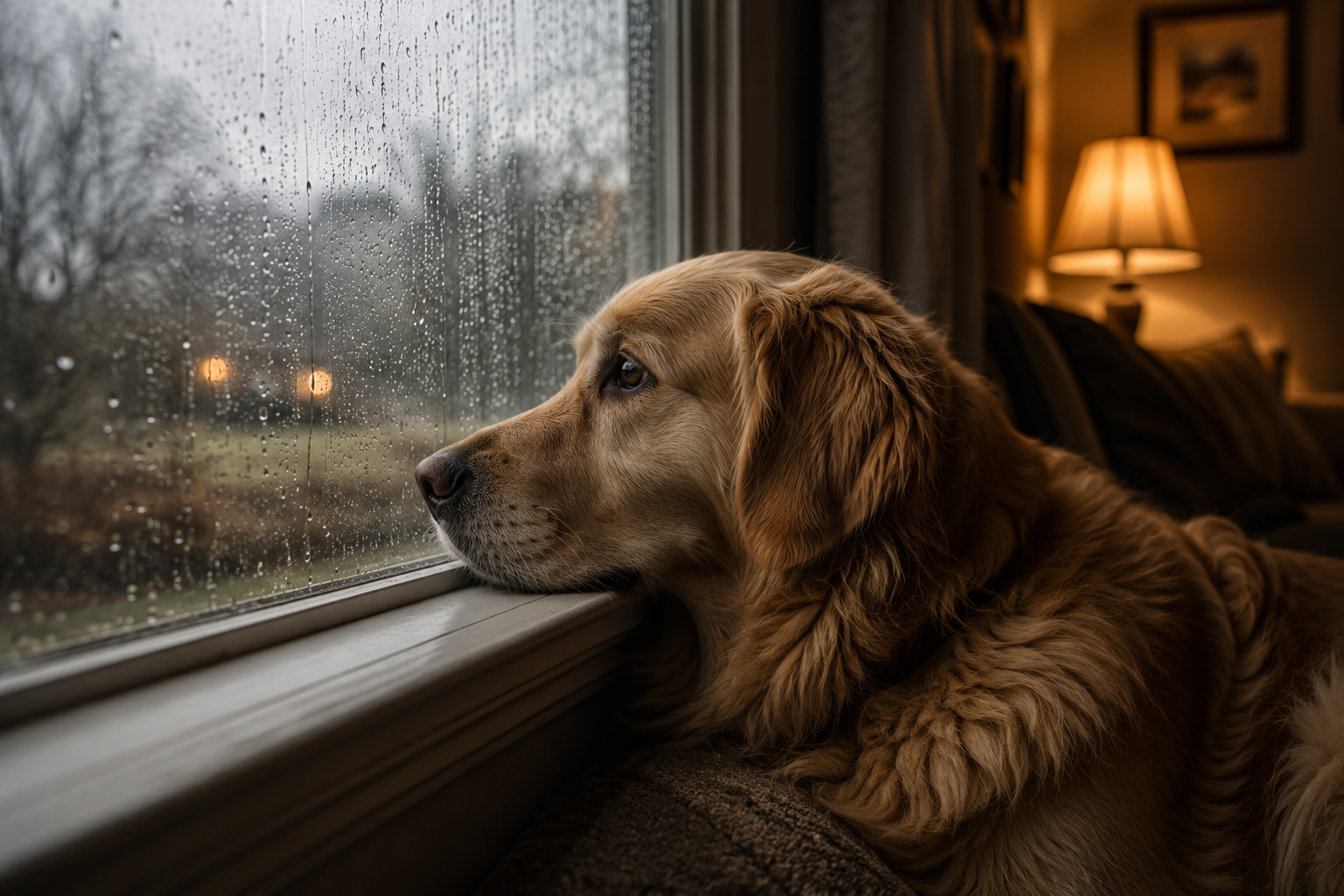 A dog waiting at a window at dusk