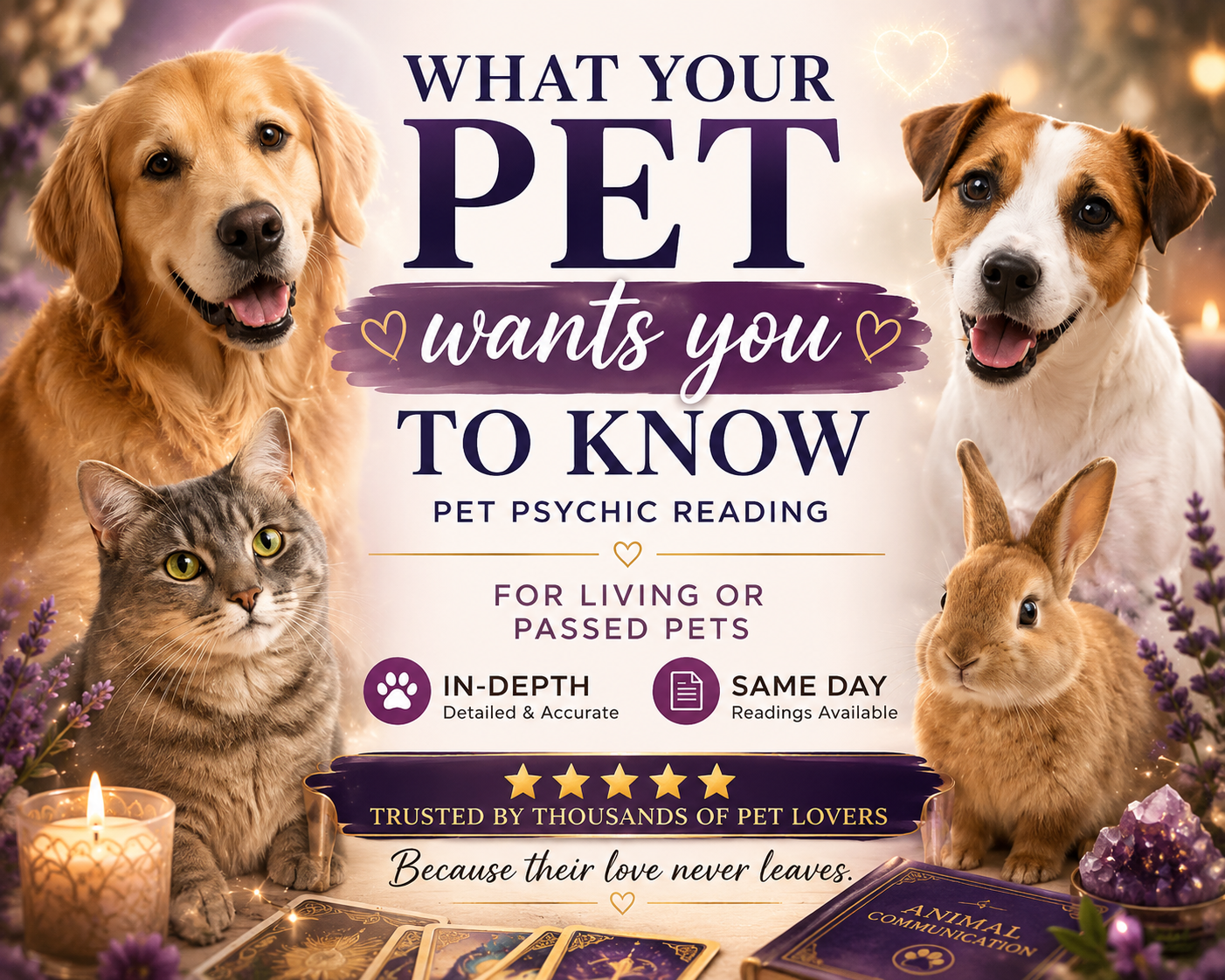 What your pet wants you to know — pet psychic reading for living or passed pets. In-depth, same-day readings, trusted by thousands of pet lovers.