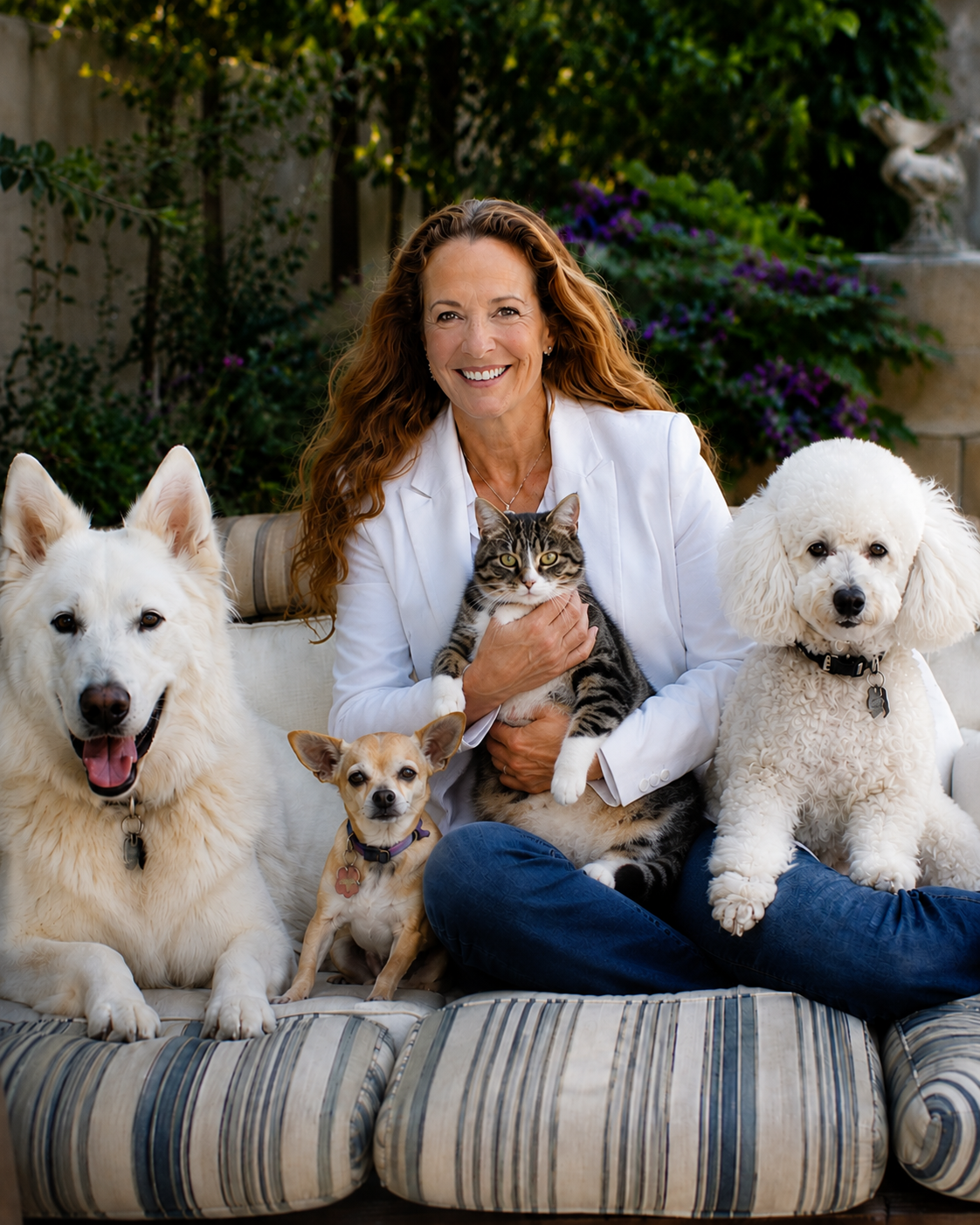 Laura, veterinarian and animal communicator, sitting with her dogs and cat